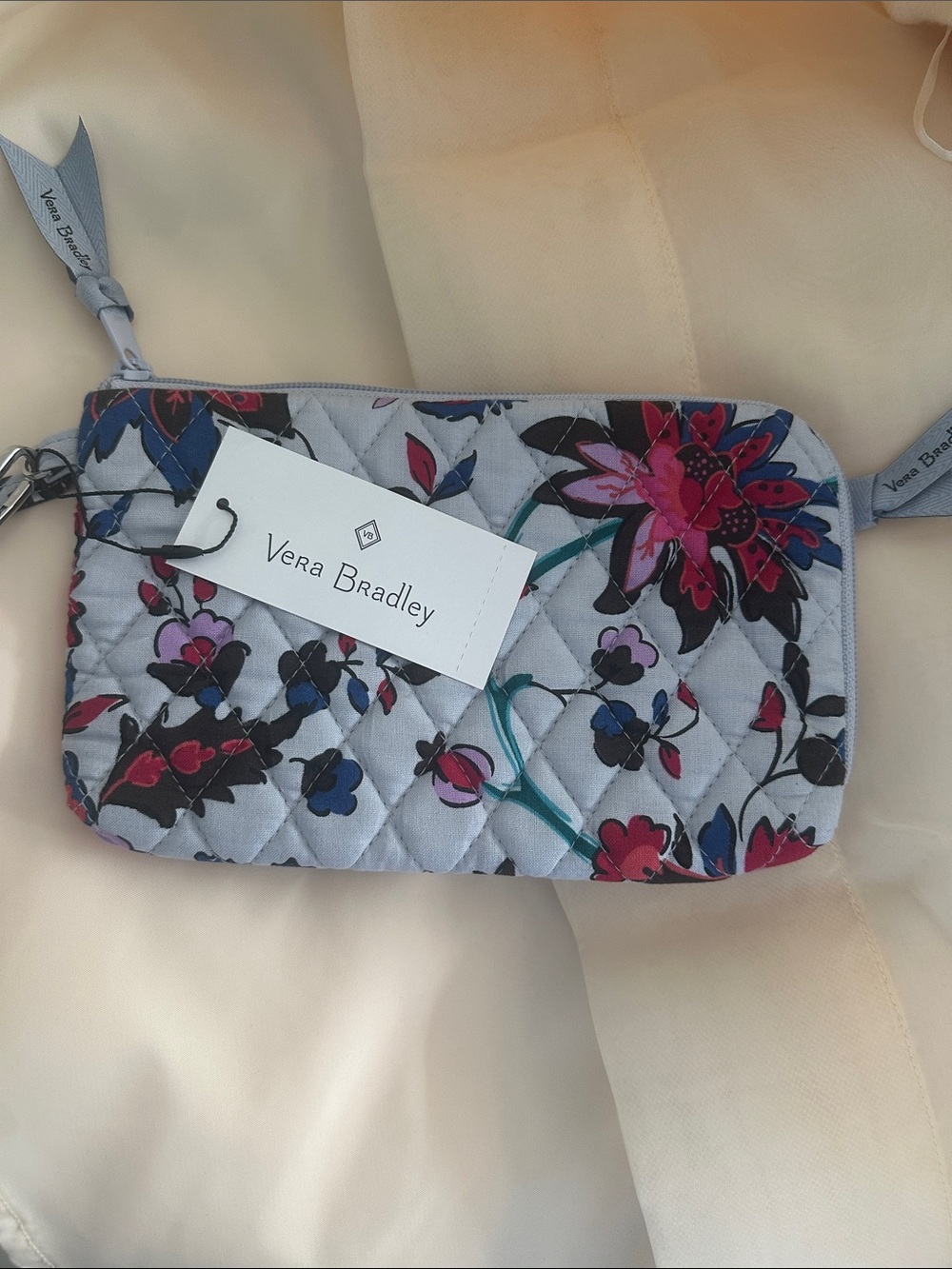 Vera Bradley Light Gray Quilted Floral Wristlet with Pink & Blue Accents